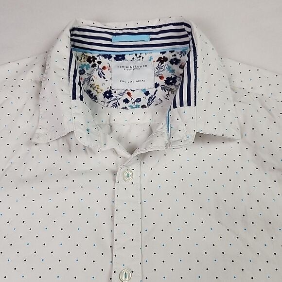 Ricky Singh Denim & Flower Mens Cotton Button Down Shirt Large Short Sleeve Dot - Picture 2 of 8